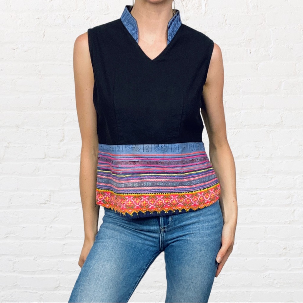 VINTAGE | Hmong Black Multicolor Stripe Embroidery Buttoned Side Sleeveless Top